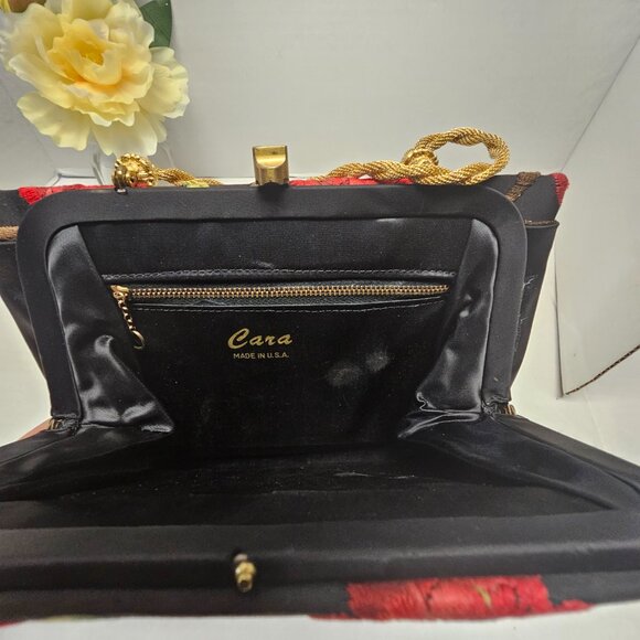 Black Red Floral Flower Embroidered Gold Cara Made in USA Clutch Hand Bag - Picture 3 of 16